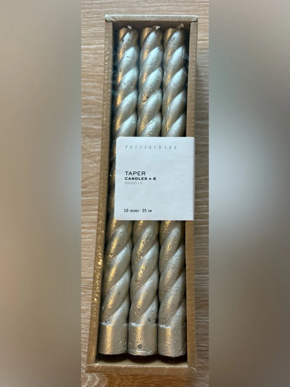 POTTERY BARN BOX OF 6 SILVER TWISTED TAPER CANDLES 10 INCHES x 25 CM NEW NIB